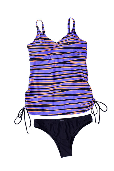 Purple Animal Stripes Lacing Tankini Swimsuit-Swimwear-MomFashion