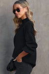 Black Turtleneck Drop Shoulder Bubble Sleeve Knit Sweater-Tops-MomFashion