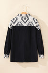 Black Aztec Patchwork Buttoned Corduroy Shacket-Outerwear-MomFashion