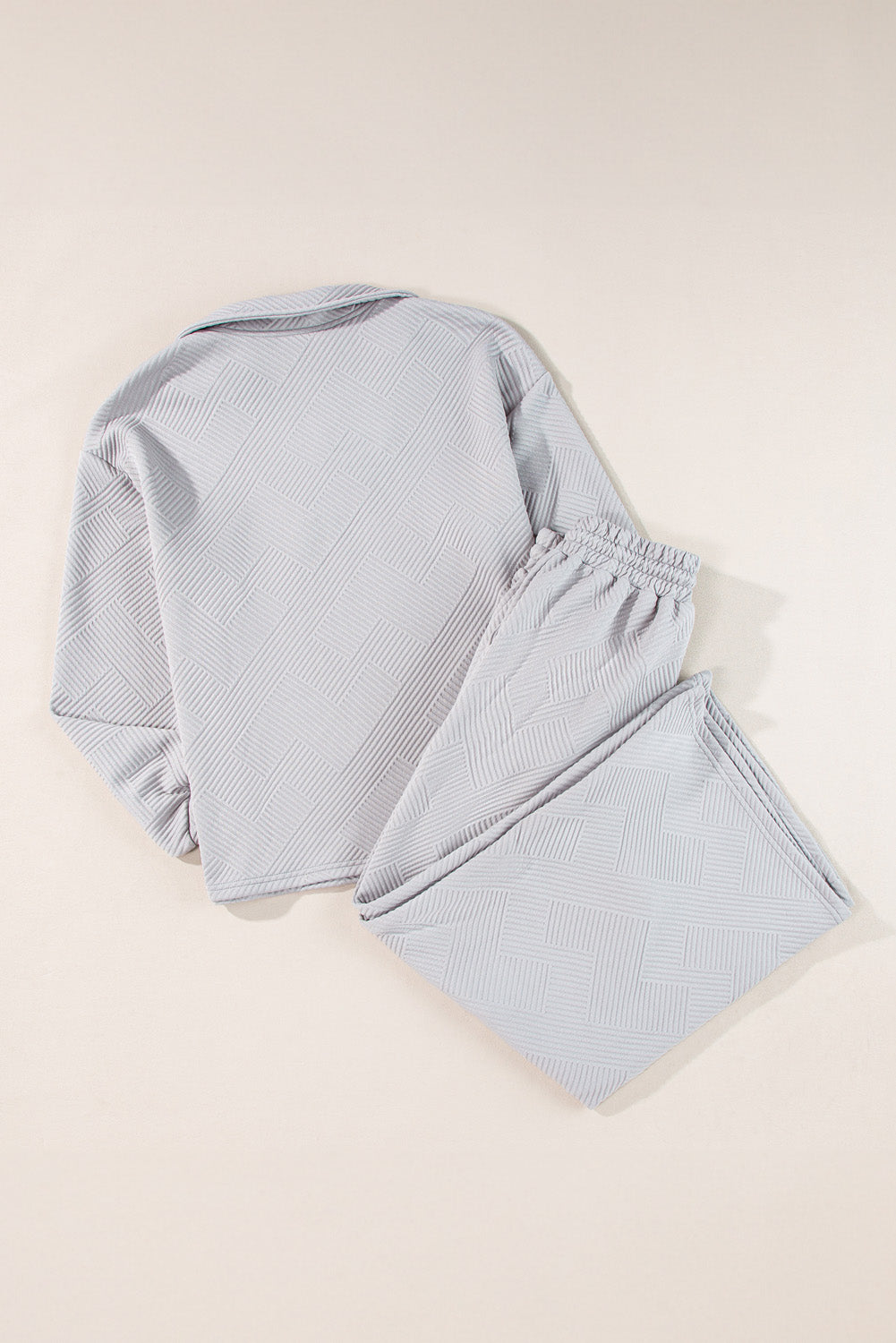 Light Grey Solid Textured Collared V Neck Top and Wide Leg Pants Set-Two Piece Sets/Pant Sets-MomFashion