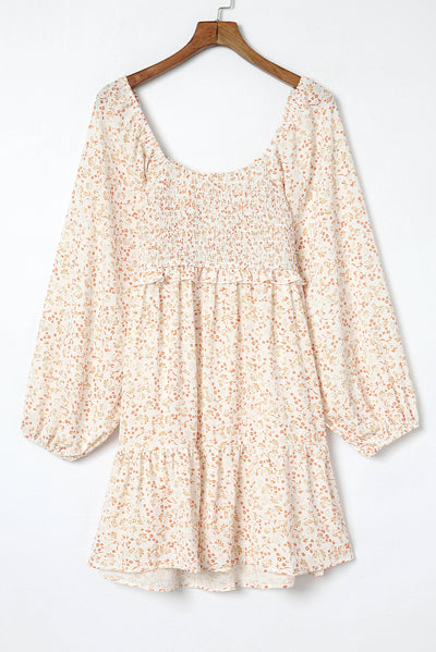 Apricot Boho Floral Smocked Puff Sleeve Mini Dress-Dresses-MomFashion