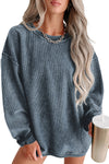 Blue Solid Ribbed Knit Round Neck Pullover Sweatshirt-Tops-MomFashion