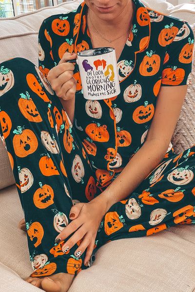 Orange Halloween Pattern Short Sleeve Shirt Pajama Set-Loungewear & Sleepwear/Sleepwear-MomFashion