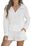 White Ribbed Zipper Sweatshirt and High Waist Shorts Set-Loungewear-MomFashion