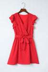 Fiery Red Polka Dot V Neck Ruffle Sleeve Dress-Dresses-MomFashion