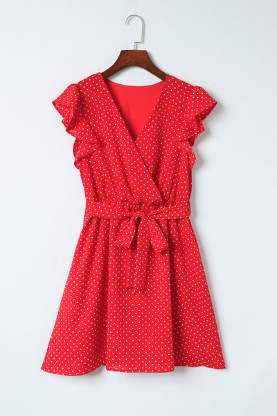 Fiery Red Polka Dot V Neck Ruffle Sleeve Dress-Dresses-MomFashion