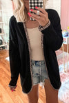 Black Leopard Contrast Waffle Knit Open Front Cardigan-Tops-MomFashion