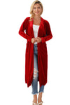 Fiery Red Velvet Open Front Pocketed Long Duster-Tops-MomFashion