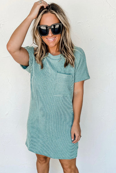 Blue Striped Ribbed Knit T-shirt Shift Dress-Dresses-MomFashion