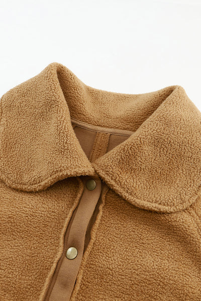 Brown Button Flap Pocket Spread Collar Fleece Jacket-Outerwear-MomFashion