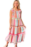 Pink Rainbow Stripe Ruffles Ruched Tiered Dress-Dresses-MomFashion