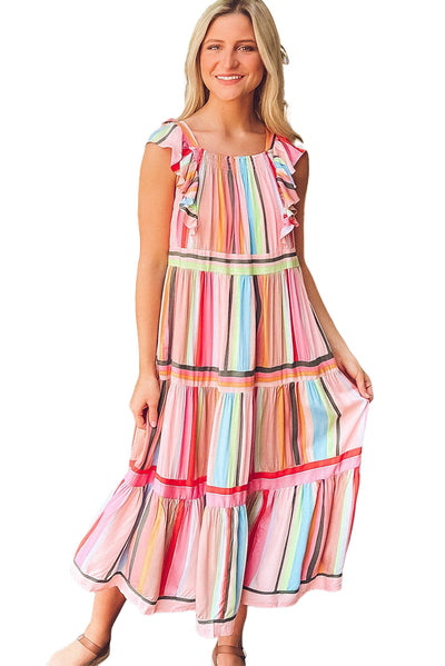 Pink Rainbow Stripe Ruffles Ruched Tiered Dress-Dresses-MomFashion