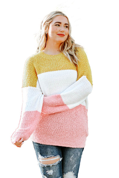 Yellow Colorblock Bubble Sleeve Plus Size Sweater-Plus Size-MomFashion