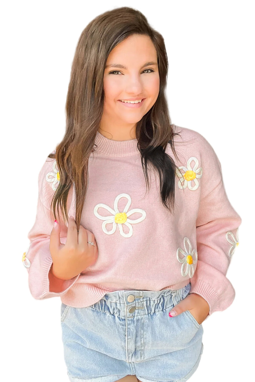 Pink Chenille Daisy Stitching Crew Neck Sweater-Tops-MomFashion