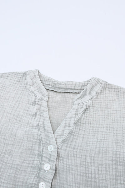 Gray Crinkle Textured Loose Henley Top-Tops-MomFashion