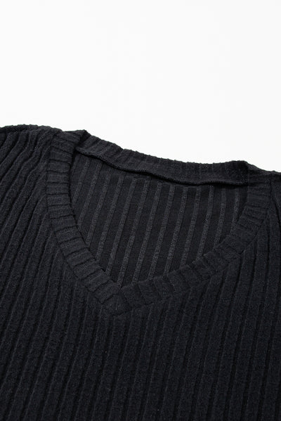 Black Ribbed Knit V Neck Slouchy Two-piece Outfit-Loungewear-MomFashion