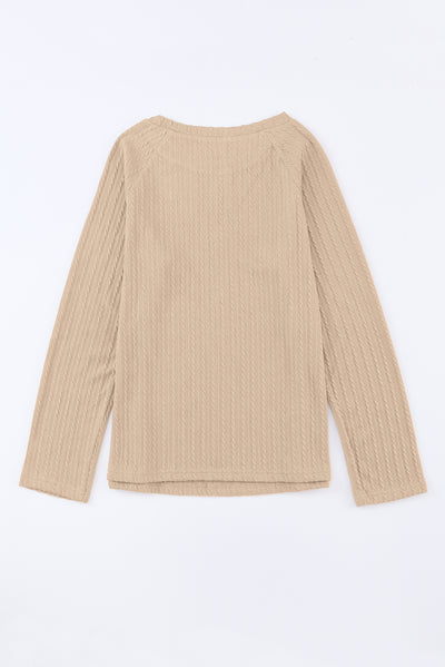 Khaki Ribbed Round Neck Knit Long Sleeve Top-Tops-MomFashion