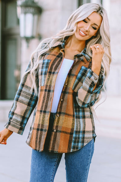 Brown Plaid Color Block Buttoned Shirt with Pockets-Tops-MomFashion