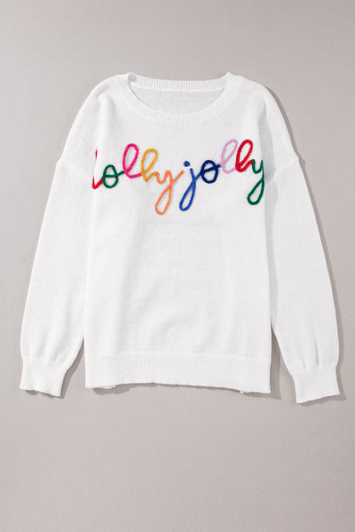 White Holly Jolly Round Neck Casual Sweater-Tops-MomFashion