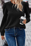 Black Cable Textured Puff Sleeve Sweatshirt-Tops-MomFashion