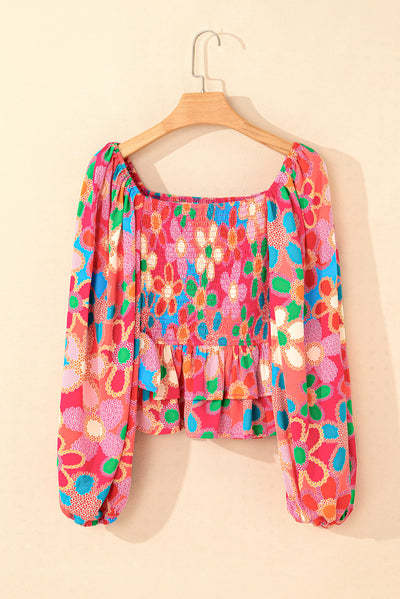 Multicolor Floral Print Smocked Square Neck Ruffles Blouse-Tops-MomFashion