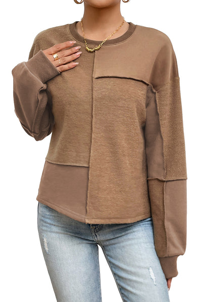 Coffee Solid Exposed Seam Pullover Sweatshirt-Tops-MomFashion