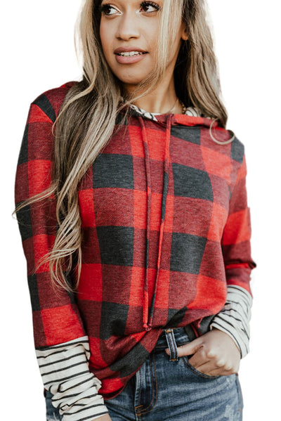 Fiery Red Christmas Plaid Striped Patchwork Drawstring Hoodie-Tops-MomFashion