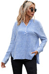 Sky Blue Crinkle Textured Loose Henley Top-Tops-MomFashion