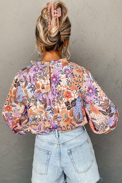 Multicolour Floral Bishop Sleeve Frilled Round Neck Blouse-Tops-MomFashion