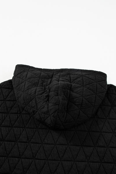 Black Solid Color Quilted Kangaroo Pocket Hoodie-Tops-MomFashion