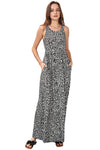 Gray Leopard Print Pocketed Sleeveless Maxi Dress-Dresses-MomFashion