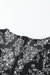 Black V Neck Baggy Sleeve Waist Tie Double Layer Ruffle Hem Floral Print Short Dress-Dresses-MomFashion