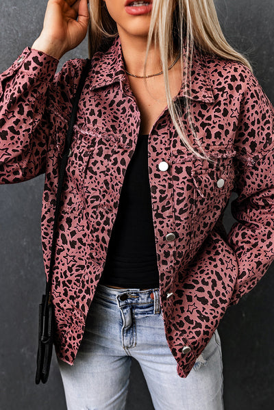 Pink Stars & Animal Spots Print Button Up Denim Shacket-Outerwear-MomFashion