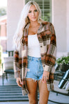 Brown Plaid Print Flap Pockets Long Shacket-Outerwear-MomFashion