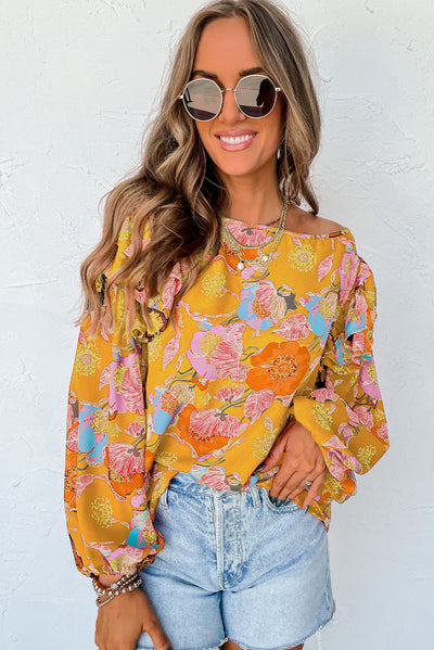 Ginger Floral Print Ruffle Puff Sleeve Blouse-Tops-MomFashion