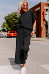 Black Textured Loose Fit T Shirt and Drawstring Pants Set-Loungewear-MomFashion