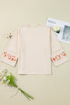 Beige Flower Patch Graphic Exposed Seam Wide Sleeve Top-Graphic/Graphic Long Sleeve Tees-MomFashion