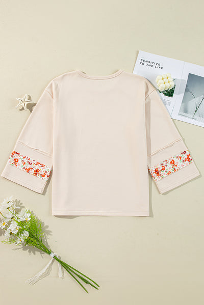 Beige Flower Patch Graphic Exposed Seam Wide Sleeve Top-Graphic/Graphic Long Sleeve Tees-MomFashion