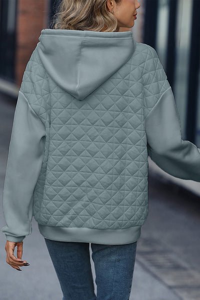 Light Grey Drop Shoulder Quilted Patchwork Kangaroo Pocket Hoodie-Tops-MomFashion