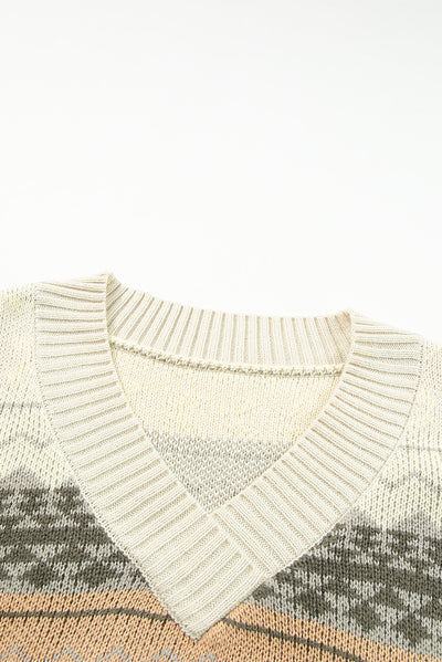 Khaki Geometric Print Ribbed Knitted V Neck Sweater-Tops-MomFashion