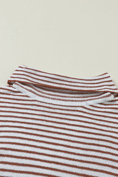 Brown Striped Turtleneck Loose Sweater-Tops-MomFashion