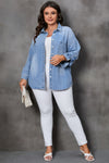 Sky Blue Plus Size Chest Pocket Button-Up Denim Shacket-Plus Size-MomFashion