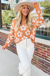 Grapefruit Orange Fuzzy Floral Knitted Drop Shoulder Sweater-Tops-MomFashion