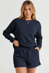 Navy Blue Textured Long Sleeve Top and Drawstring Shorts Set-Loungewear-MomFashion