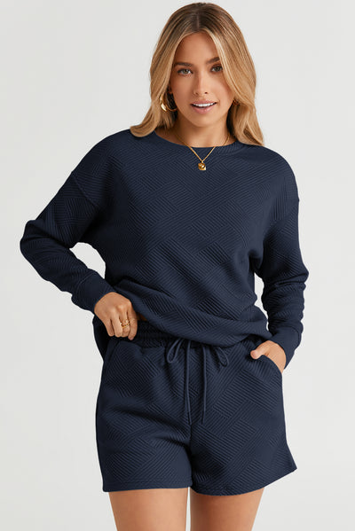 Navy Blue Textured Long Sleeve Top and Drawstring Shorts Set-Loungewear-MomFashion