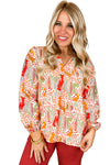 Orange Printed Floral Abstract Print Frilled V Neck Plus Size Blouse-Plus Size-MomFashion