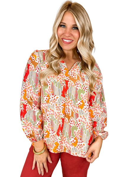 Orange Printed Floral Abstract Print Frilled V Neck Plus Size Blouse-Plus Size-MomFashion