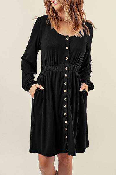 Black Button Up High Waist Long Sleeve Dress-Dresses-MomFashion