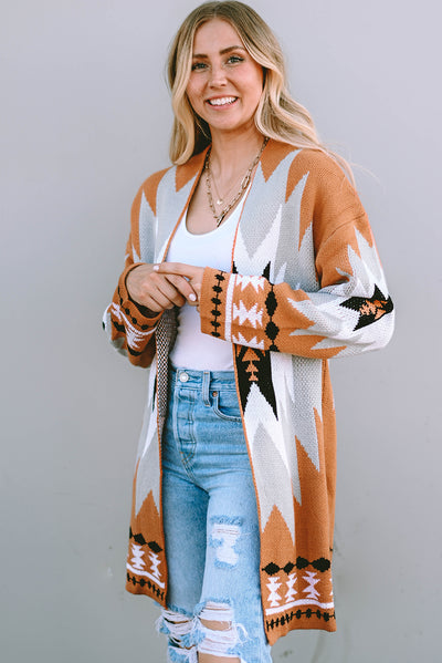 Gold Flame Aztec Graphic Open-Front Cardigan-Tops-MomFashion