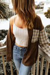 Brown Plaid Patchwork Corduroy Shirt Jacket with Pocket-Outerwear-MomFashion